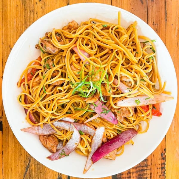 Peruvian Lomo Saltado with noodles, chicken, red onions, and green onions on a white plate.